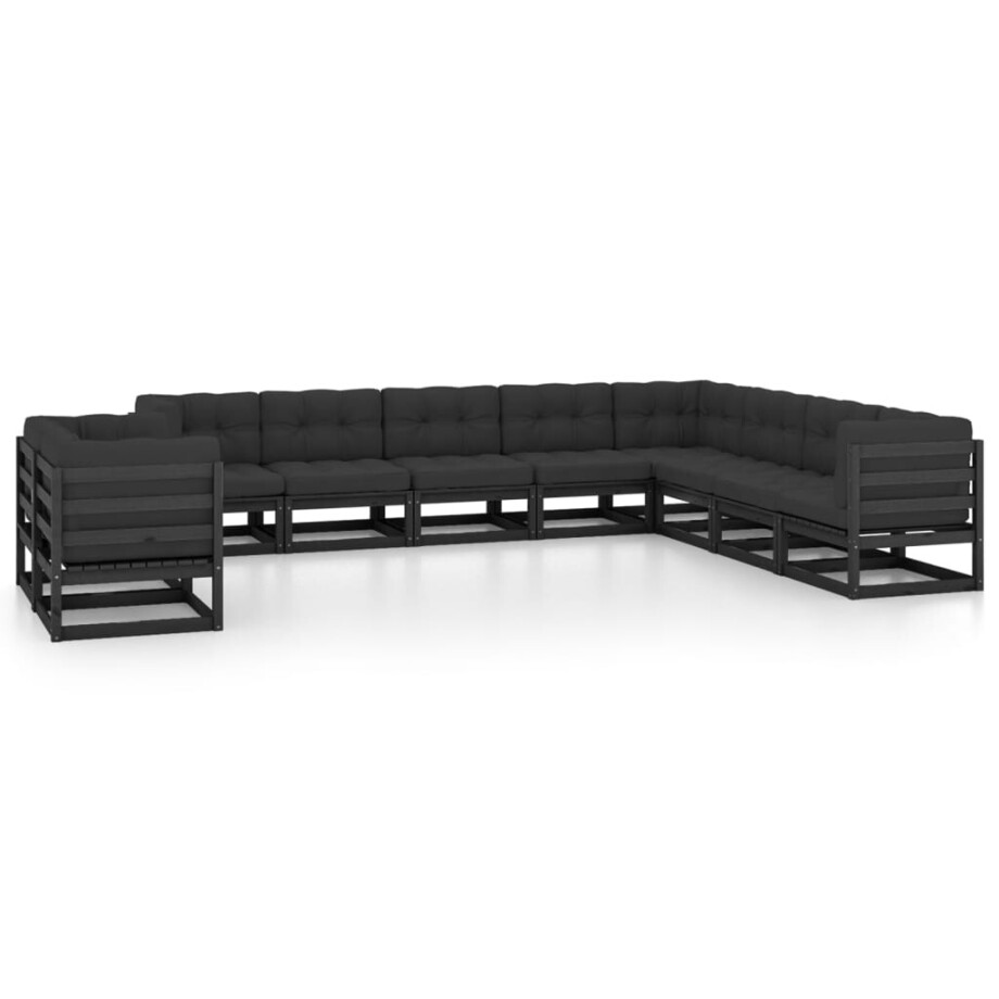 vidaXL 10-delige Loungeset met kussens massief grenenhout zwart afbeelding 1