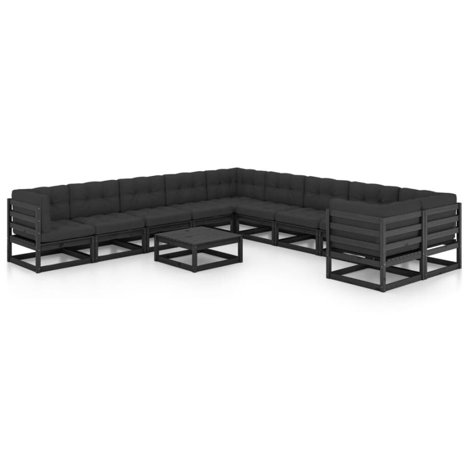 vidaXL 11-delige Loungeset met kussens massief grenenhout zwart afbeelding 1