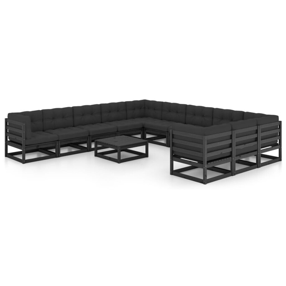 vidaXL 12-delige Loungeset met kussens massief grenenhout zwart afbeelding 1