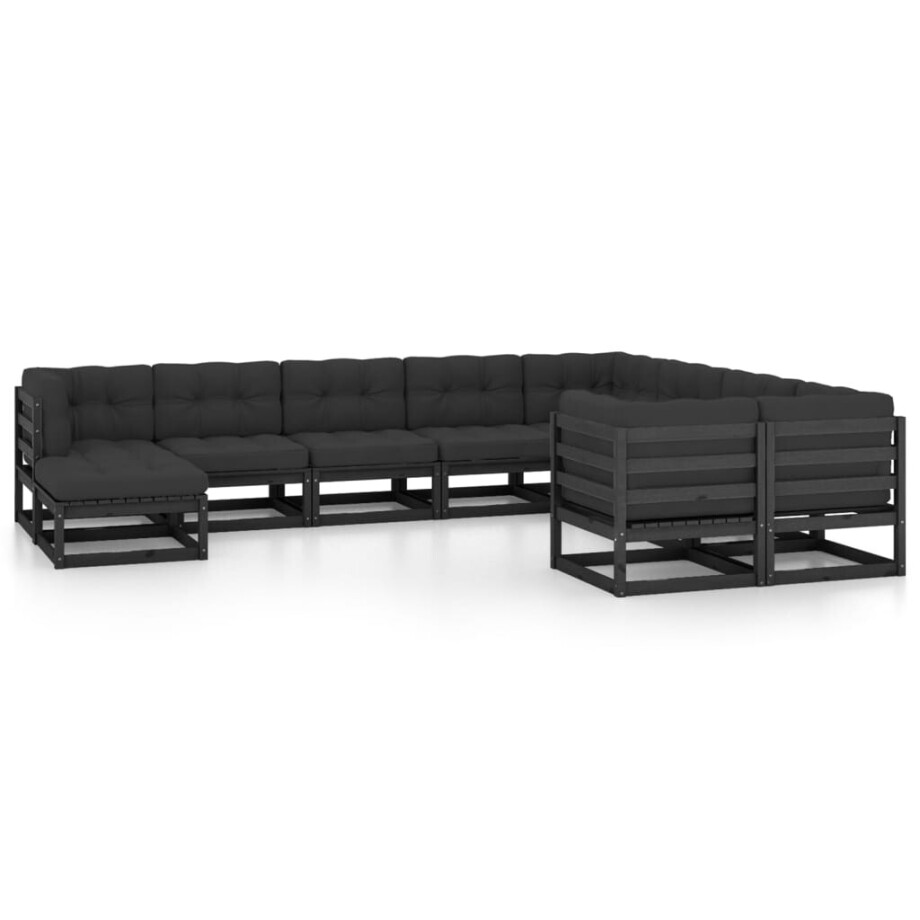 vidaXL 10-delige Loungeset met kussens massief grenenhout zwart afbeelding 1