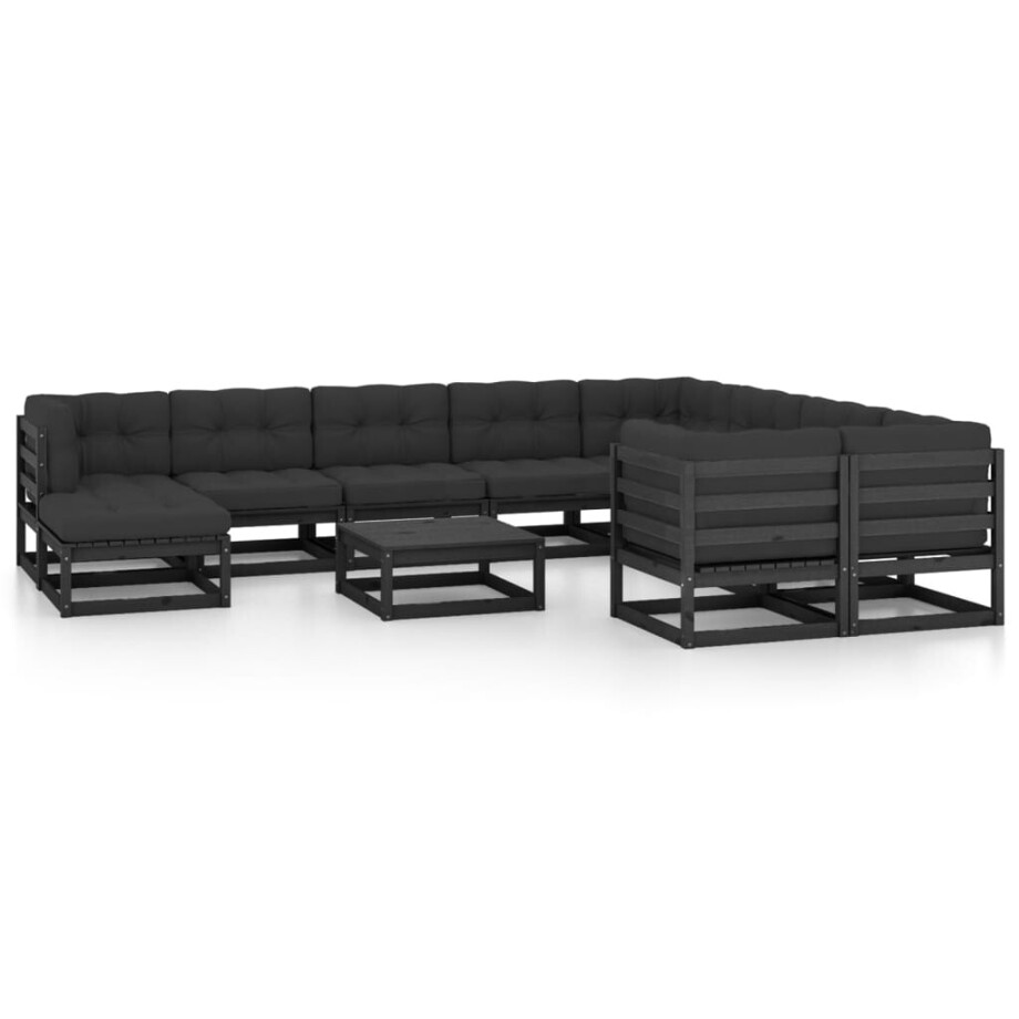vidaXL 11-delige Loungeset met kussens massief grenenhout zwart afbeelding 1