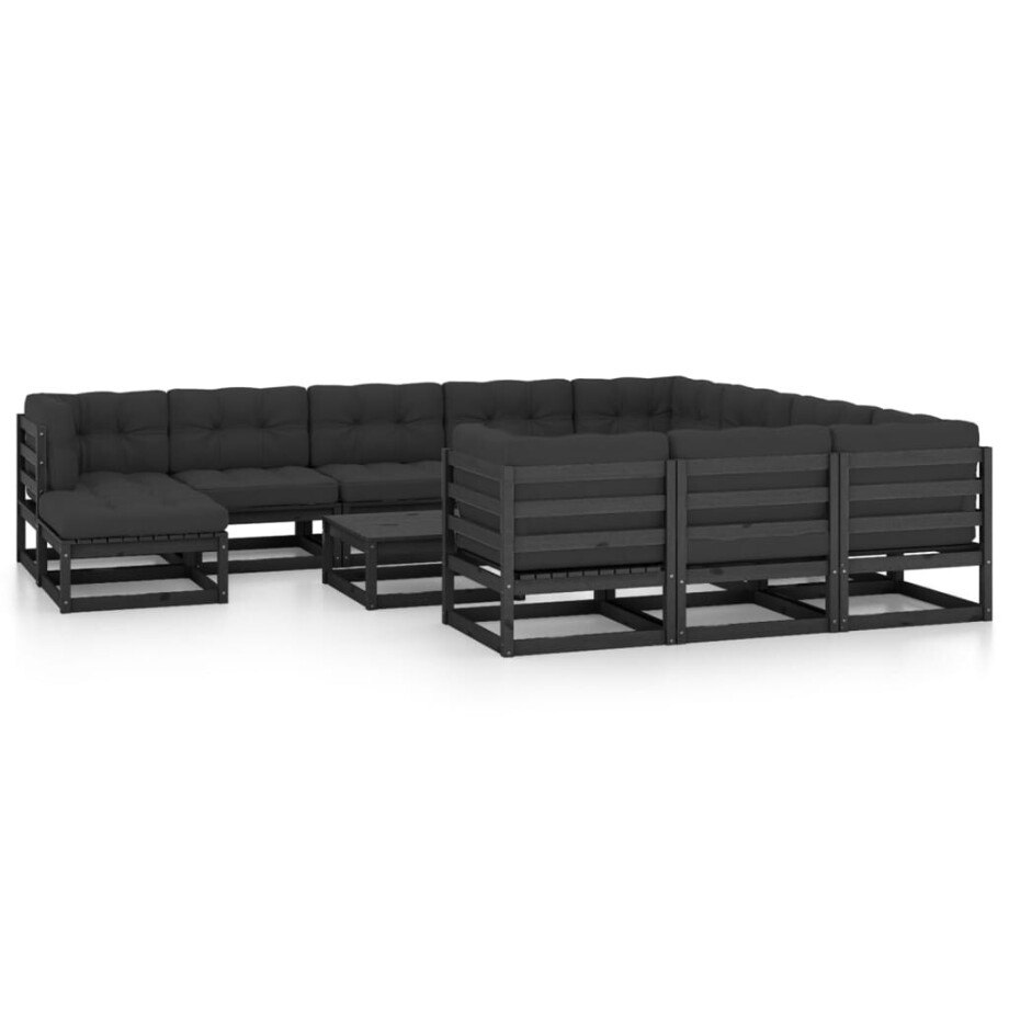 vidaXL 12-delige Loungeset met kussens massief grenenhout zwart afbeelding 1