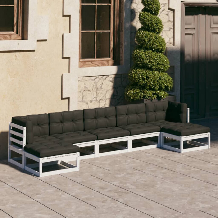 vidaXL 7-delige Loungeset met kussens massief grenenhout wit afbeelding 1