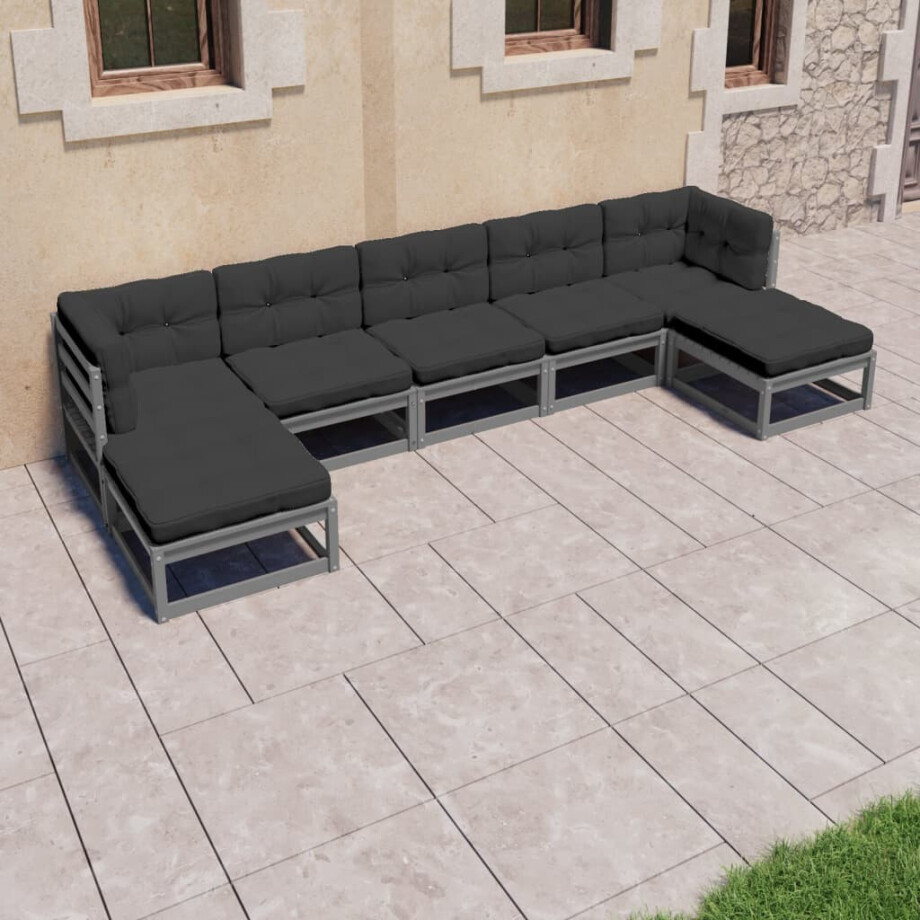 vidaXL 7-delige Loungeset met kussens massief grenenhout grijs vidaXL 7-delige Loungeset met kussens massief grenenhout grijs afbeelding 1