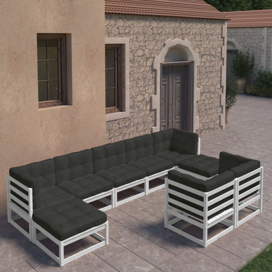 vidaXL 9-delige Loungeset met kussens massief grenenhout wit afbeelding 1