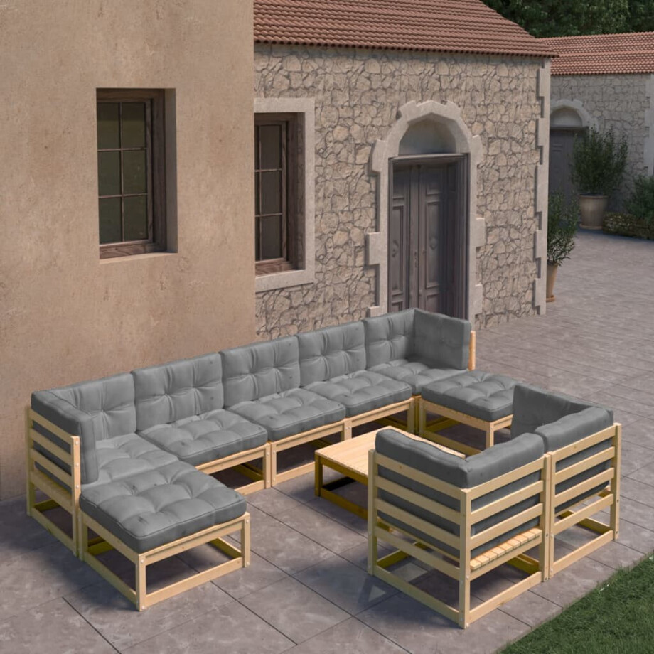vidaXL 10-delige Loungeset met kussens massief grenenhout vidaXL 10-delige Loungeset met kussens massief grenenhout afbeelding 1