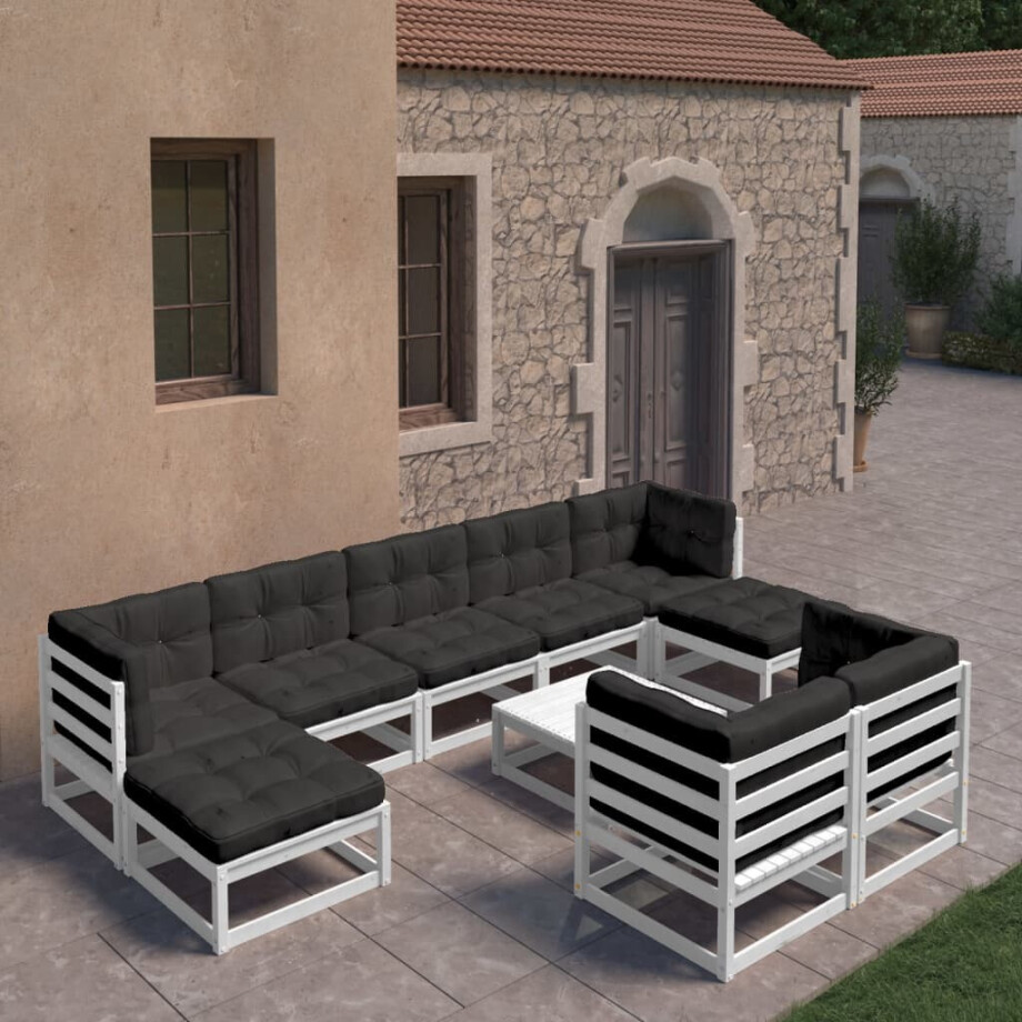 vidaXL 10-delige Loungeset met kussens massief grenenhout wit afbeelding 1