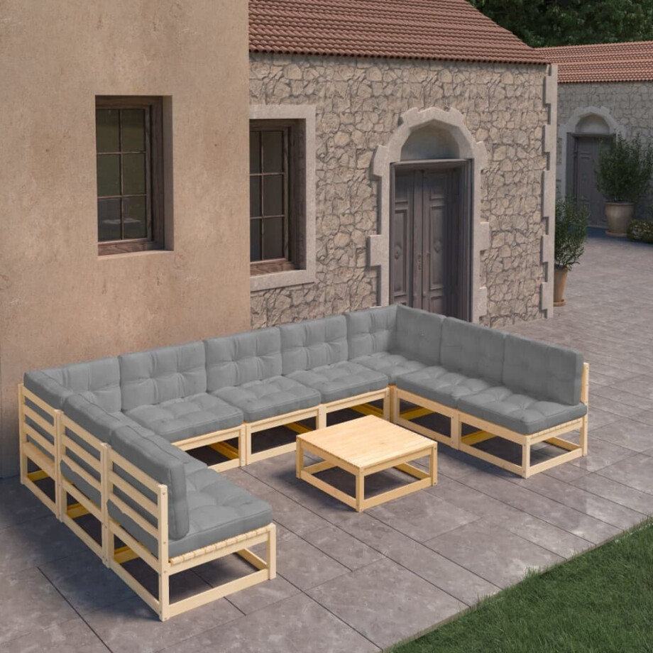 vidaXL 10-delige Loungeset met kussens massief grenenhout vidaXL 10-delige Loungeset met kussens massief grenenhout afbeelding 1