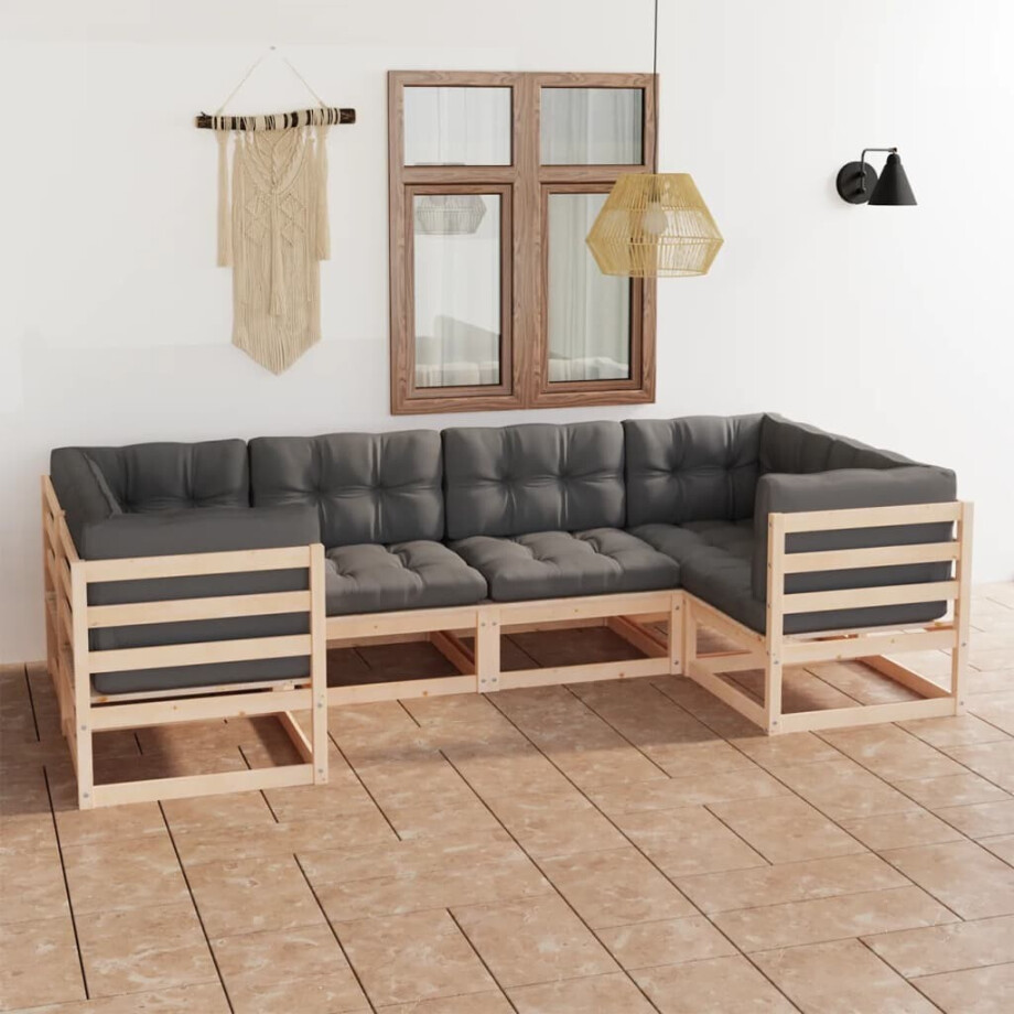 vidaXL 6-delige Loungeset met kussens massief grenenhout afbeelding 1