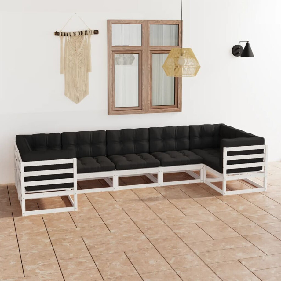 vidaXL 7-delige Loungeset met kussens massief grenenhout wit afbeelding 1