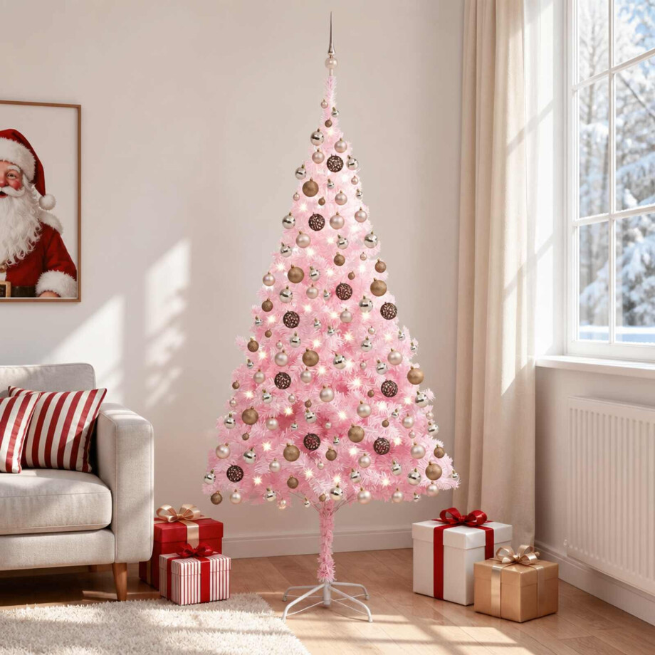 vidaXL Kunstkerstboom met verlichting en kerstballen 210 cm PVC roze afbeelding 1