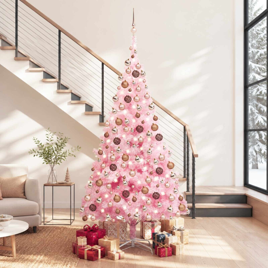 vidaXL Kunstkerstboom met verlichting en kerstballen 240 cm PVC roze afbeelding 1