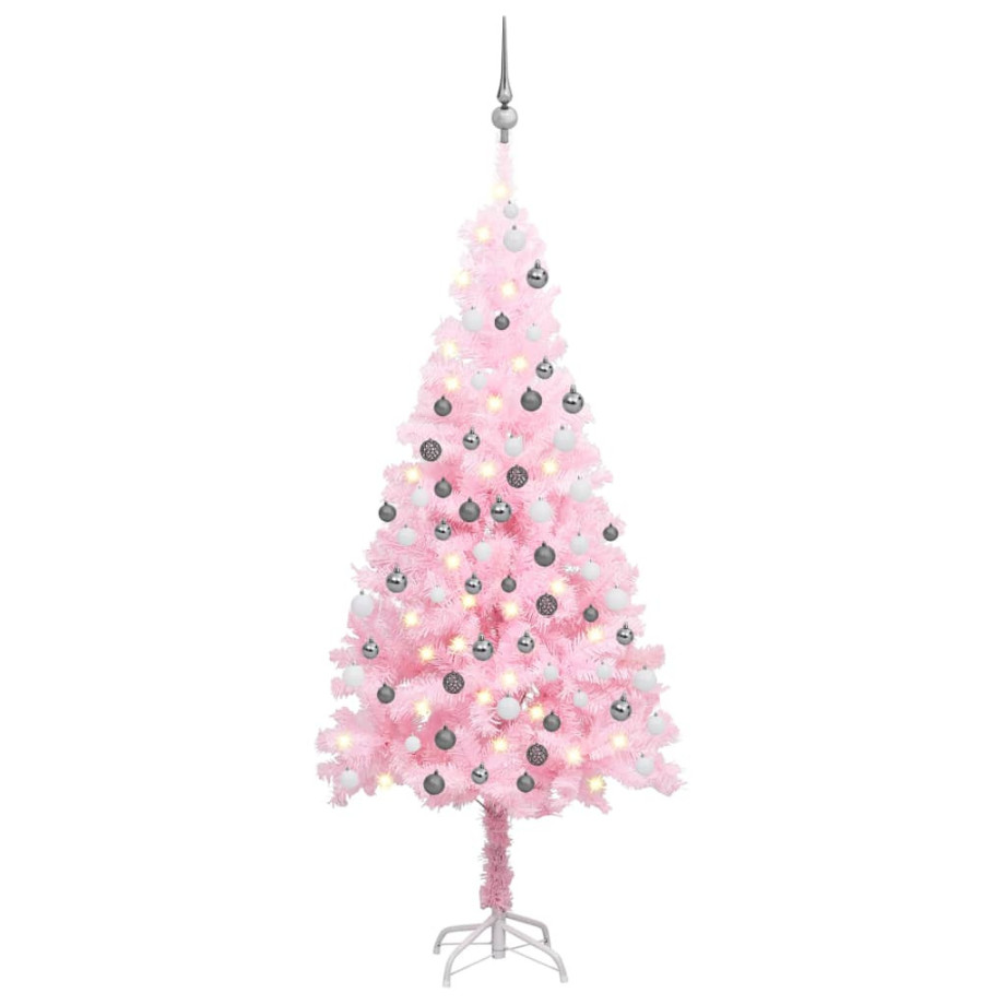 vidaXL Kunstkerstboom met verlichting en kerstballen 150 cm PVC roze afbeelding 1