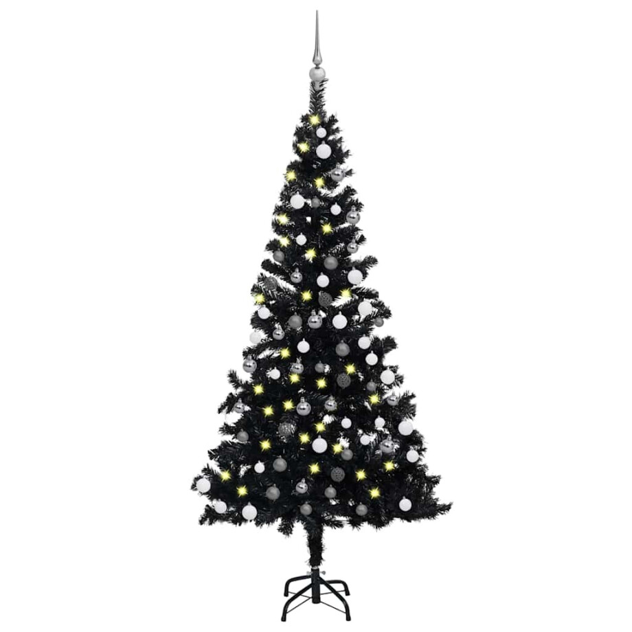 vidaXL Kunstkerstboom met verlichting en kerstballen 150 cm PVC zwart afbeelding 1