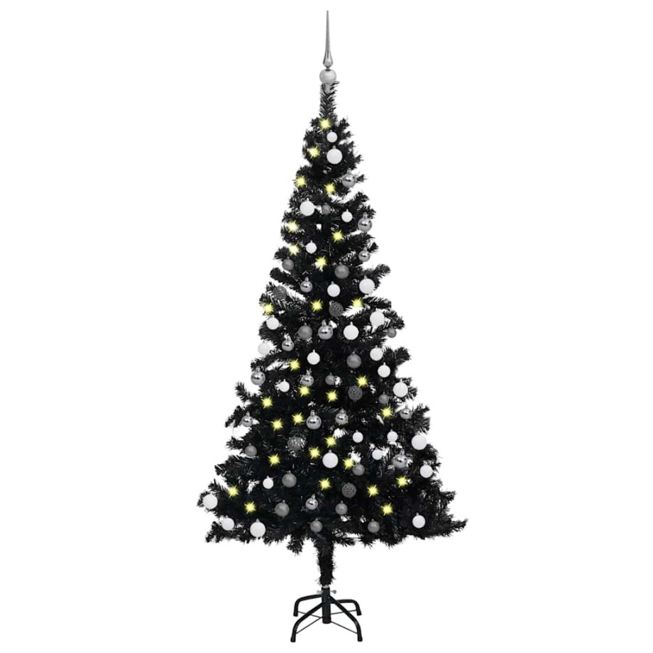 vidaXL Kunstkerstboom met verlichting en kerstballen 180 cm PVC zwart afbeelding 1
