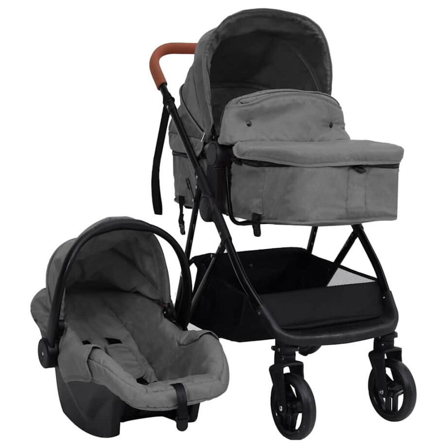 vidaXL Kinderwagen 3-in-1 staal lichtgrijs en zwart afbeelding 1