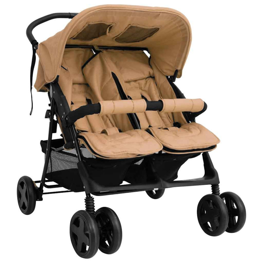 vidaXL Tweelingkinderwagen staal taupe afbeelding 1