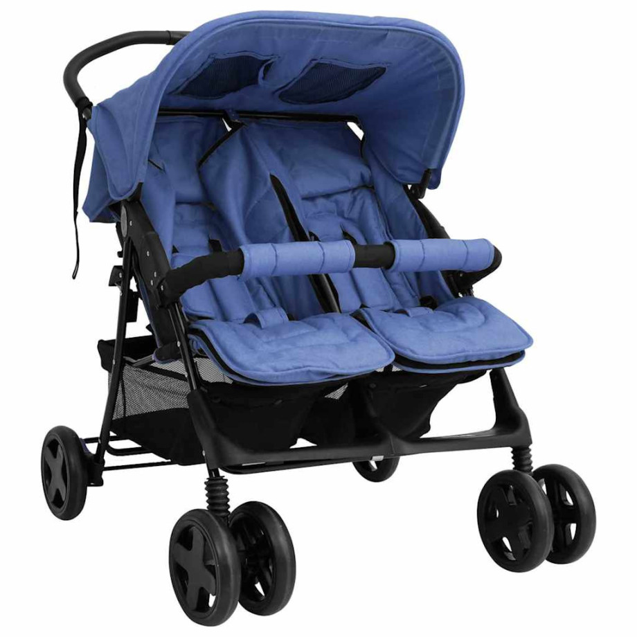 vidaXL Tweelingkinderwagen staal marineblauw afbeelding 1