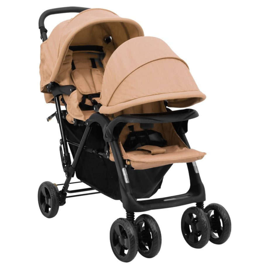 vidaXL Tweelingkinderwagen tandem staal taupe afbeelding 1