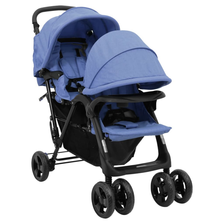 vidaXL Tweelingkinderwagen tandem staal marineblauw afbeelding 1