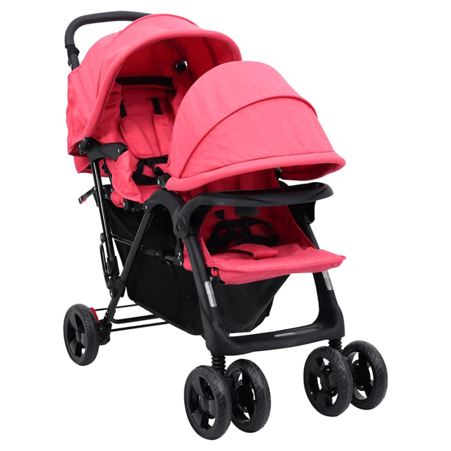 vidaXL Tweelingkinderwagen tandem staal rood afbeelding 1