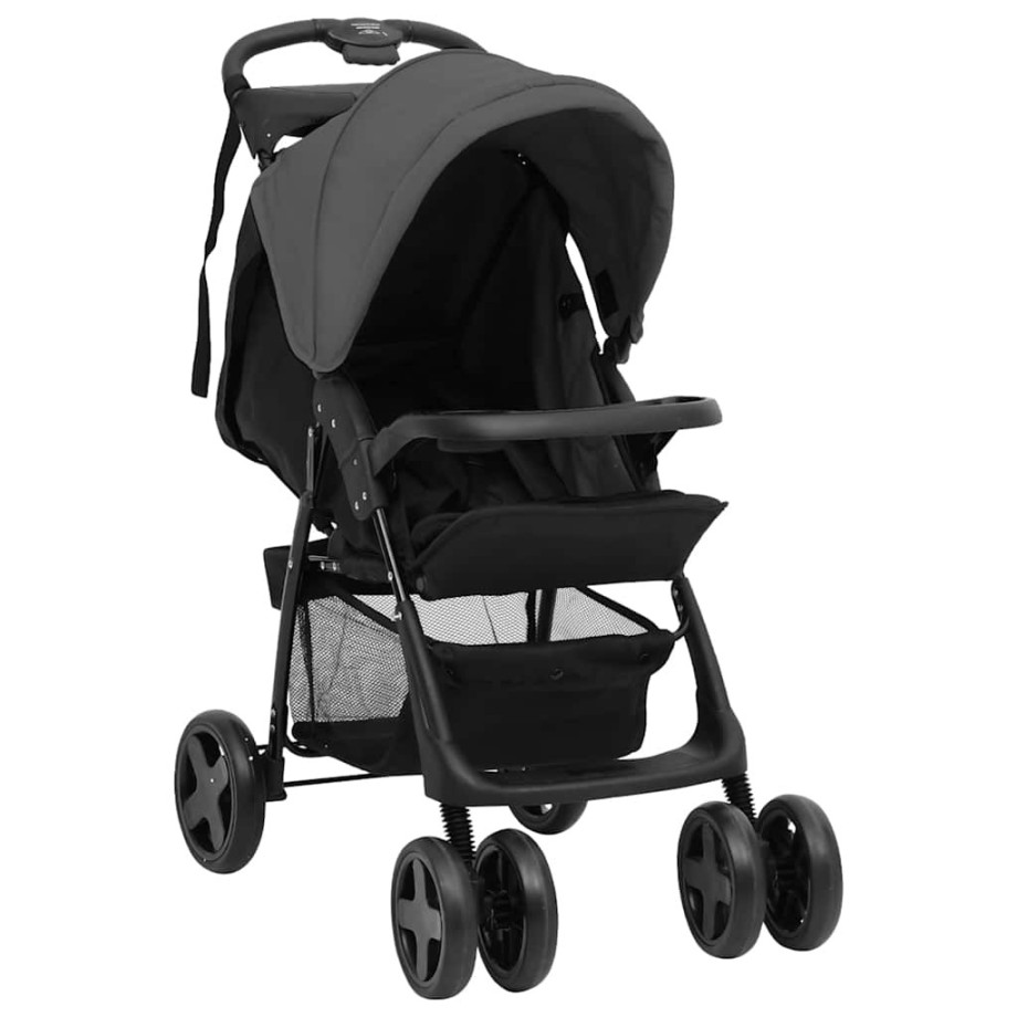 vidaXL Kinderwagen 2-in-1 staal donkergrijs en zwart afbeelding 1