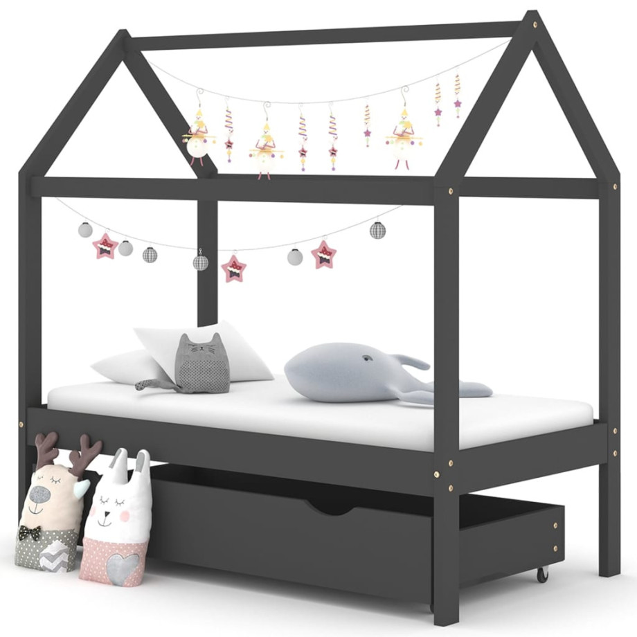 vidaXL Kinderbedframe met lade grenenhout donkergrijs 70x140 cm afbeelding 1