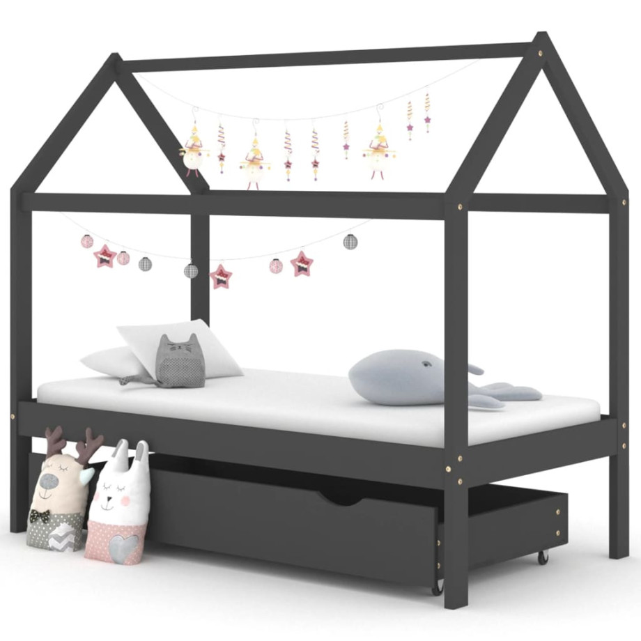 vidaXL Kinderbedframe met lade grenenhout donkergrijs 80x160 cm afbeelding 1