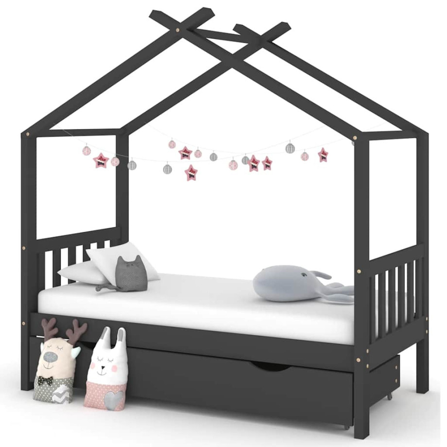 vidaXL Kinderbedframe met lade grenenhout donkergrijs 80x160 cm afbeelding 1