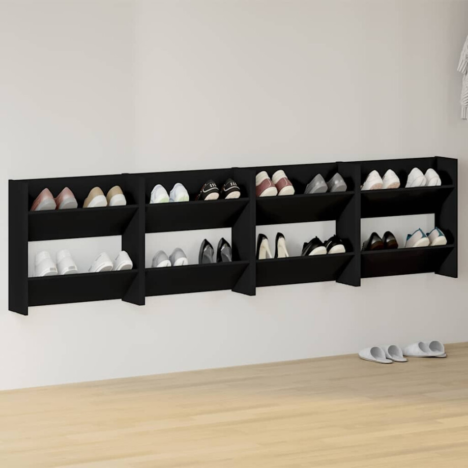 vidaXL Wandschoenenkasten 4 st 60x18x60 cm bewerkt hout zwart afbeelding 1