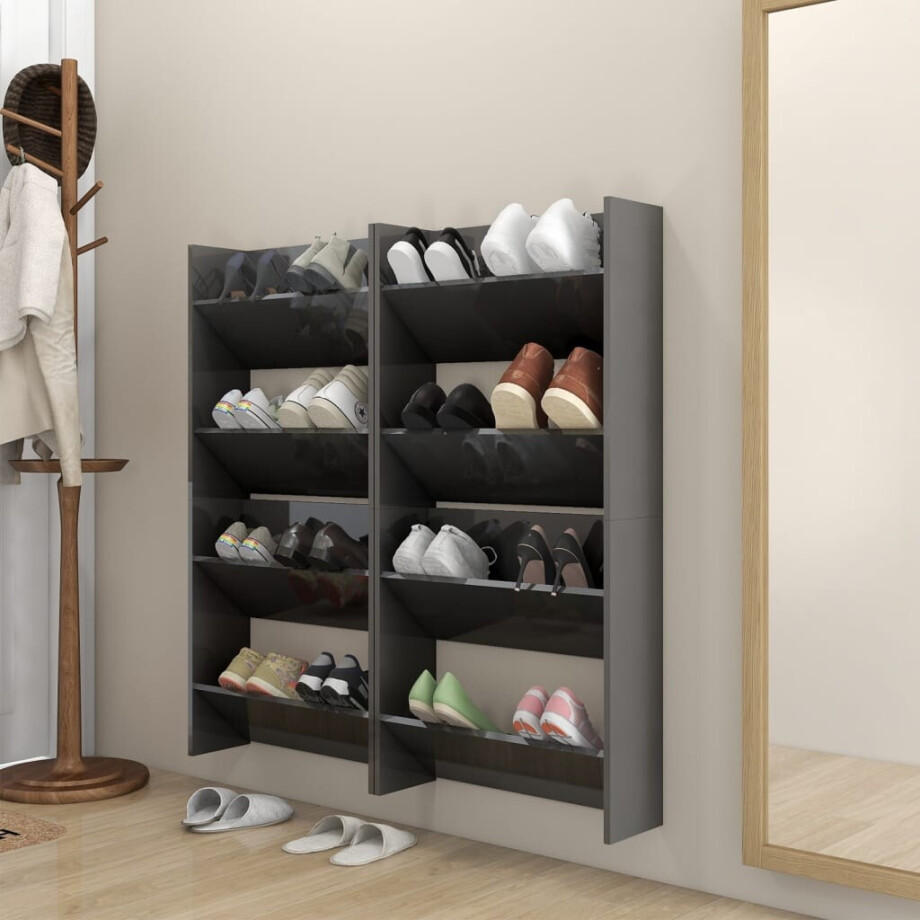 vidaXL Wandschoenenkasten 4 st 60x18x60 cm hout hoogglans grijs afbeelding 1