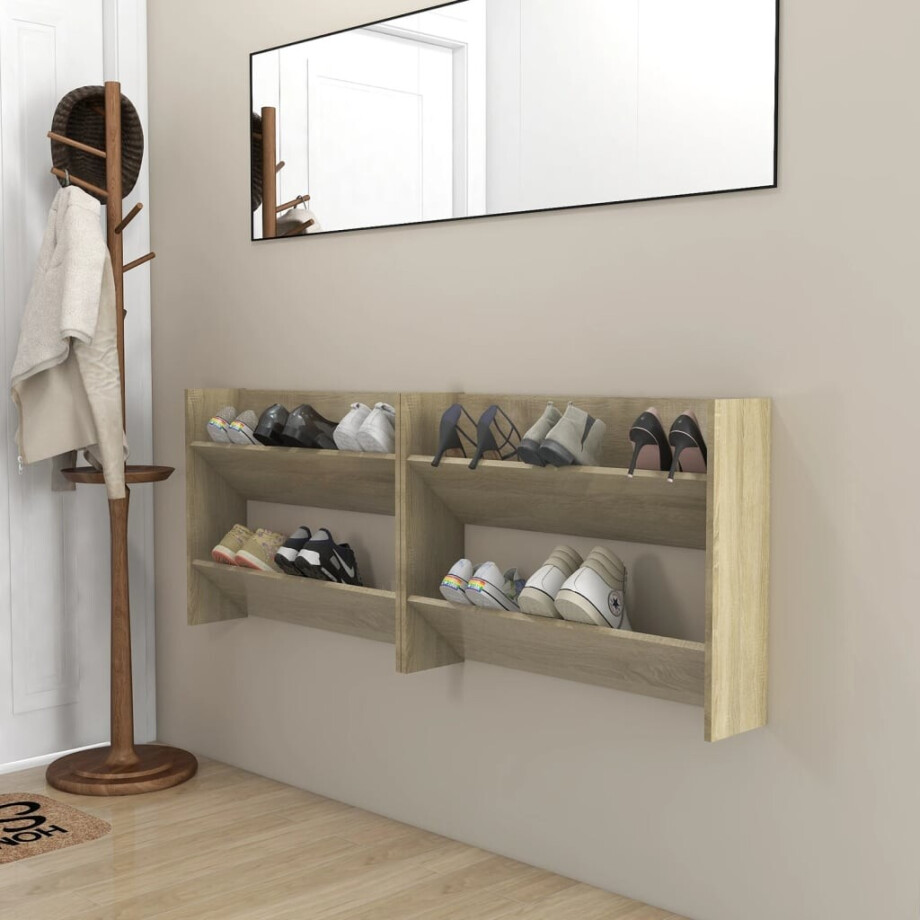 vidaXL Wandschoenenkasten 2 st 80x18x60 cm spaanplaat sonoma eiken afbeelding 1