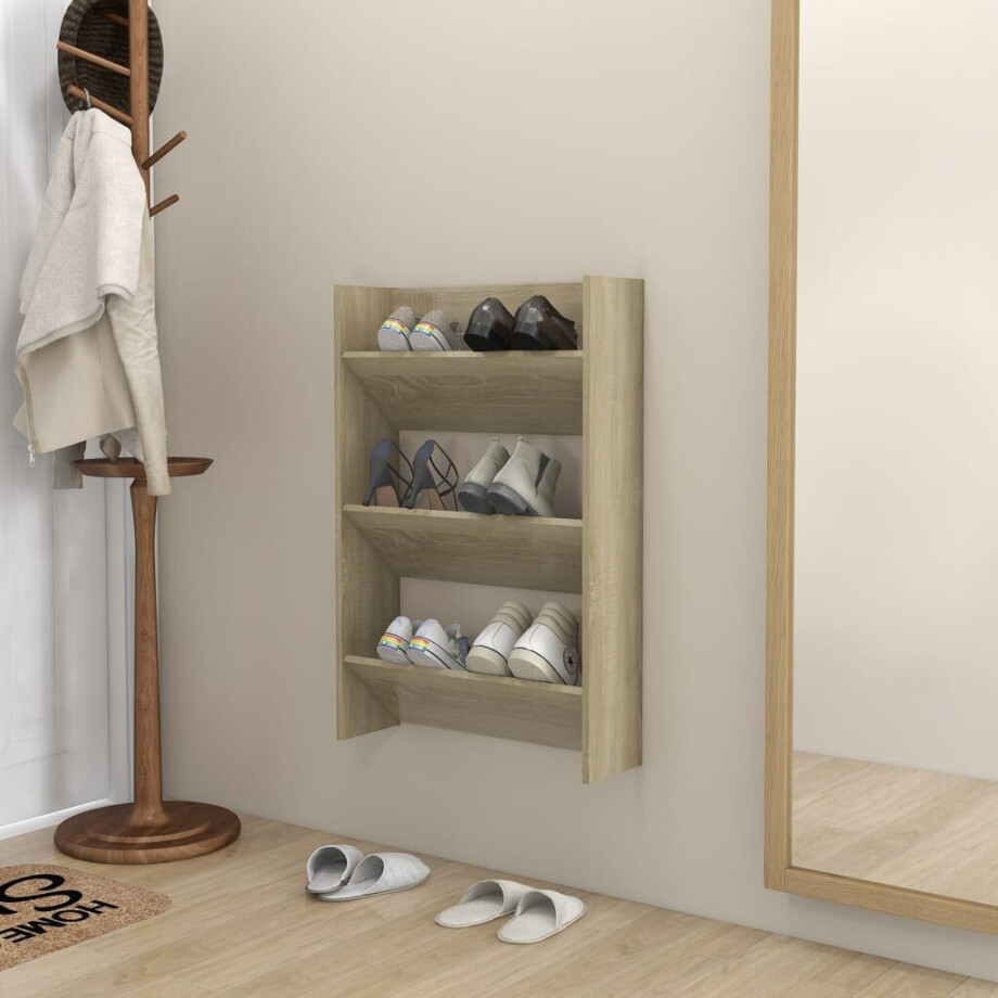 vidaXL Wandschoenenkast 60x18x90 cm spaanplaat sonoma eikenkleurig afbeelding 1