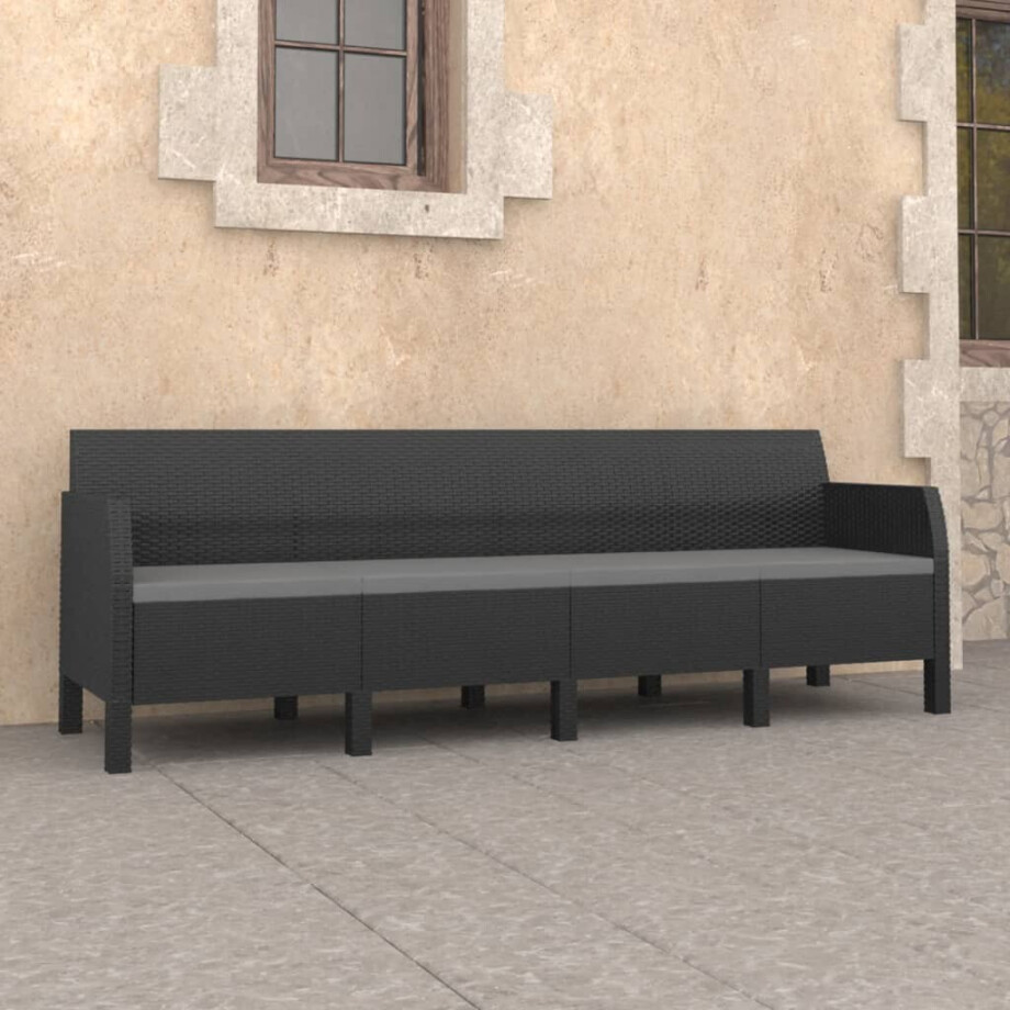 vidaXL Tuinbank 4-zits met kussens PP rattan antracietkleurig afbeelding 1