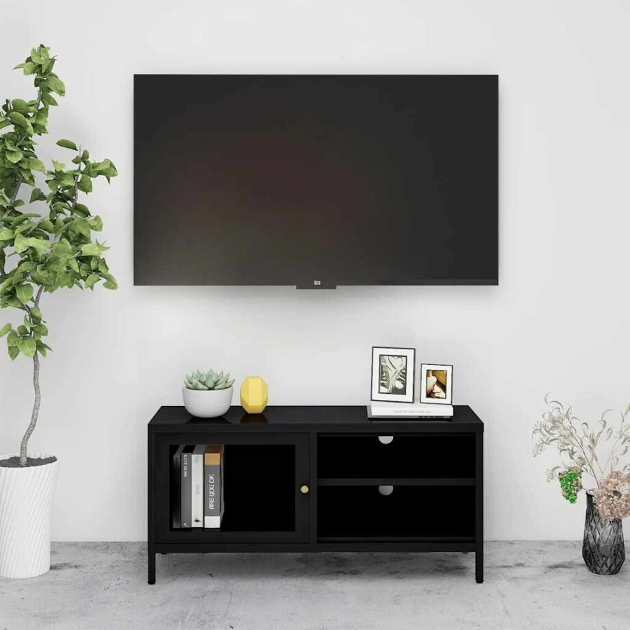 vidaXL Tv-meubel 90x30x44 cm staal en glas zwart vidaXL Tv-meubel 90x30x44 cm staal en glas zwart afbeelding 1