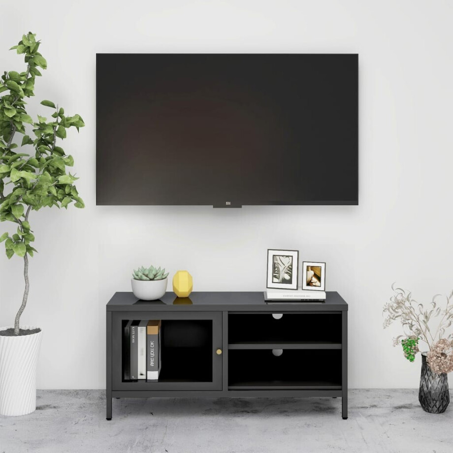 vidaXL Tv-meubel 90x30x44 cm staal en glas antracietkleurig afbeelding 1