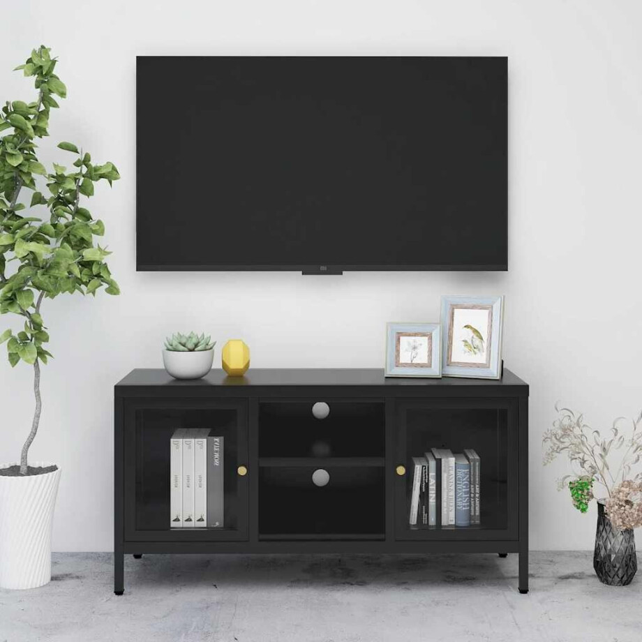 vidaXL Tv-meubel 105x35x52 cm staal en glas zwart vidaXL Tv-meubel 105x35x52 cm staal en glas zwart afbeelding 1