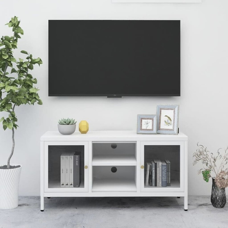 vidaXL Tv-meubel 105x35x52 cm staal en glas wit afbeelding 1