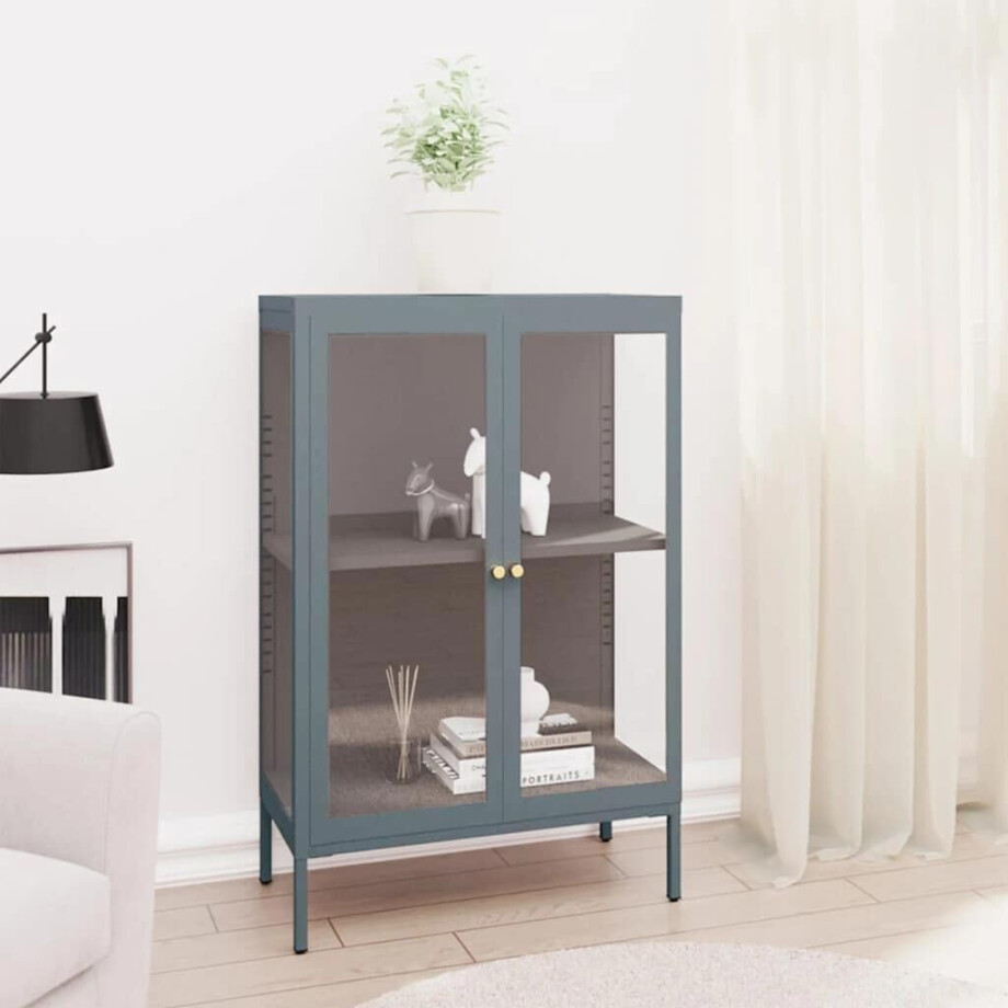 vidaXL Dressoir 75x35x105 cm staal en glas antracietkleurig afbeelding 1