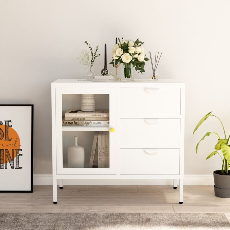 vidaXL Dressoir 75x35x70 cm staal en gehard glas wit afbeelding 1