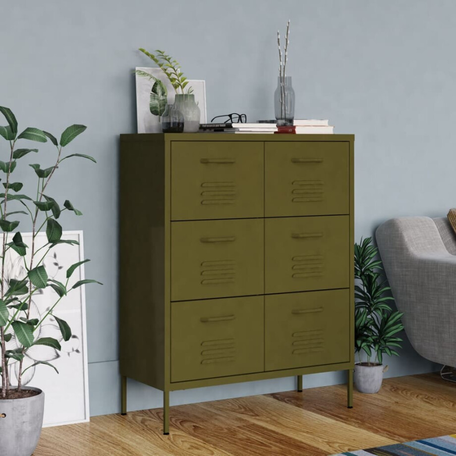 vidaXL Ladekast 80x35x101,5 cm staal olijfgroen afbeelding 1