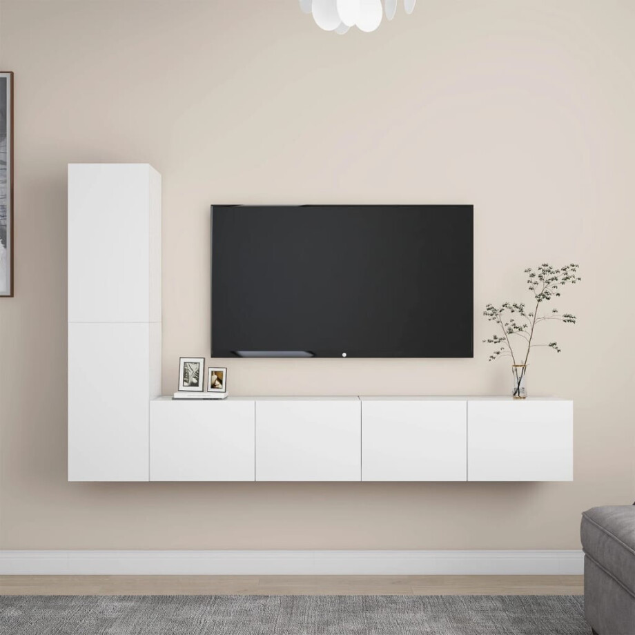 vidaXL 4-delige Tv-meubelset bewerkt hout wit afbeelding 1