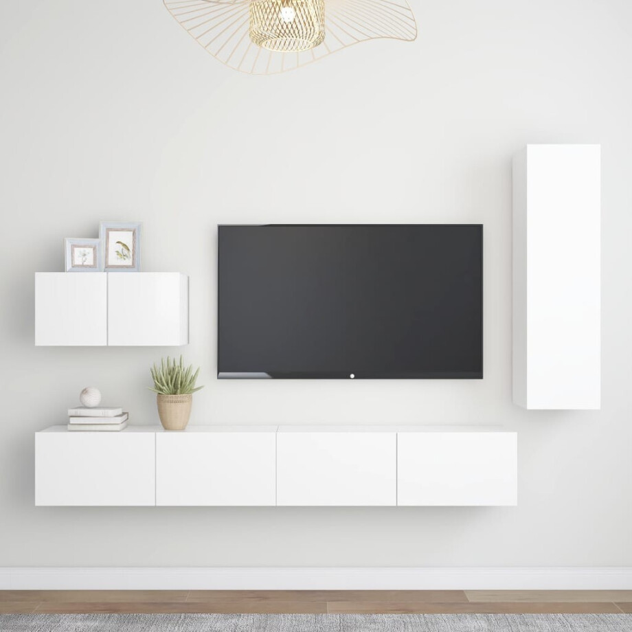 vidaXL 4-delige Tv-meubelset bewerkt hout wit afbeelding 1