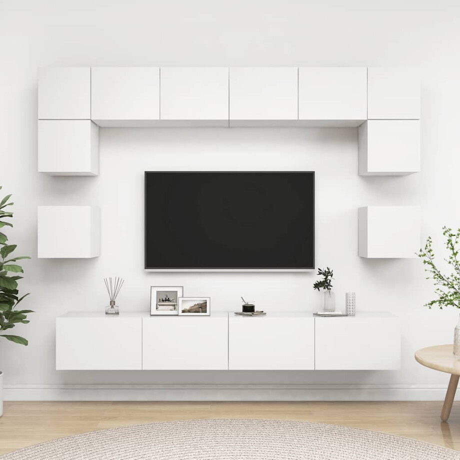 vidaXL 8-delige Tv-meubelset bewerkt hout wit afbeelding 1
