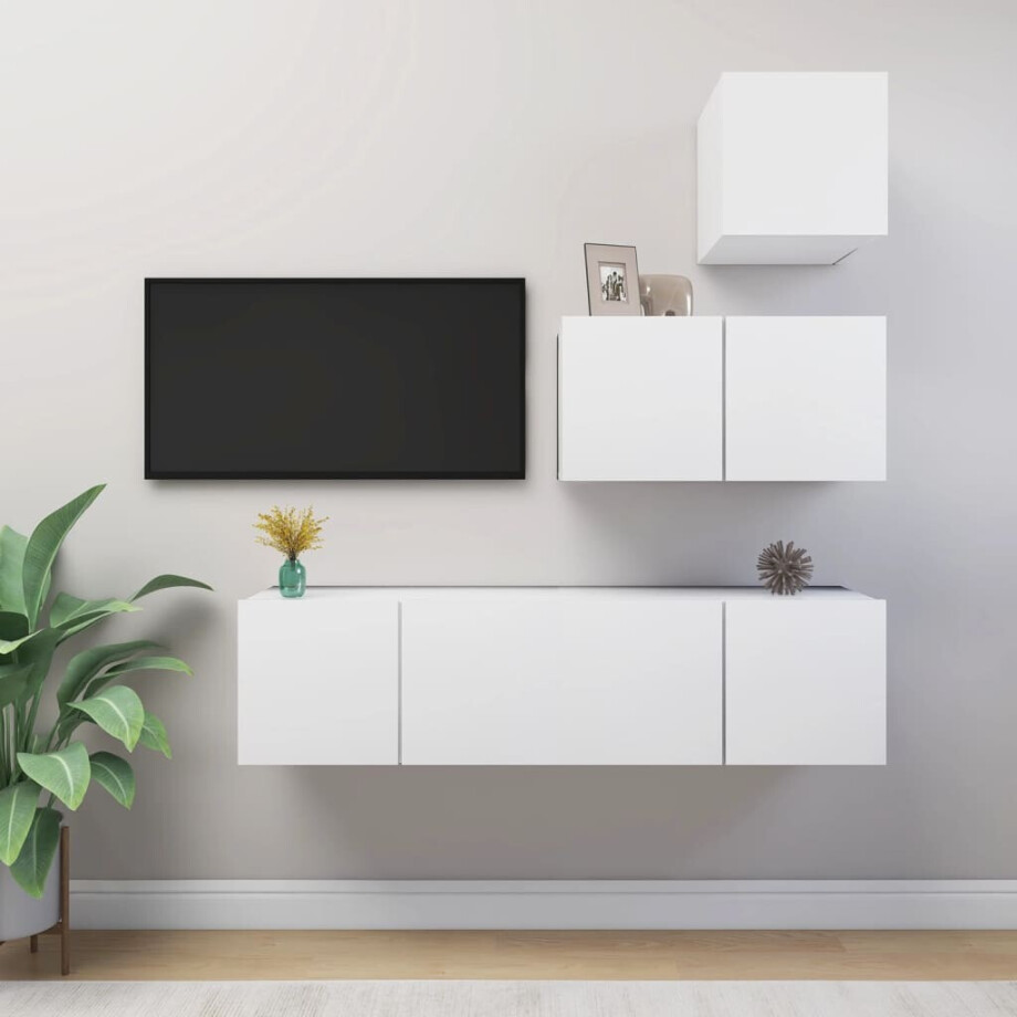 vidaXL 4-delige Tv-meubelset bewerkt hout wit afbeelding 1