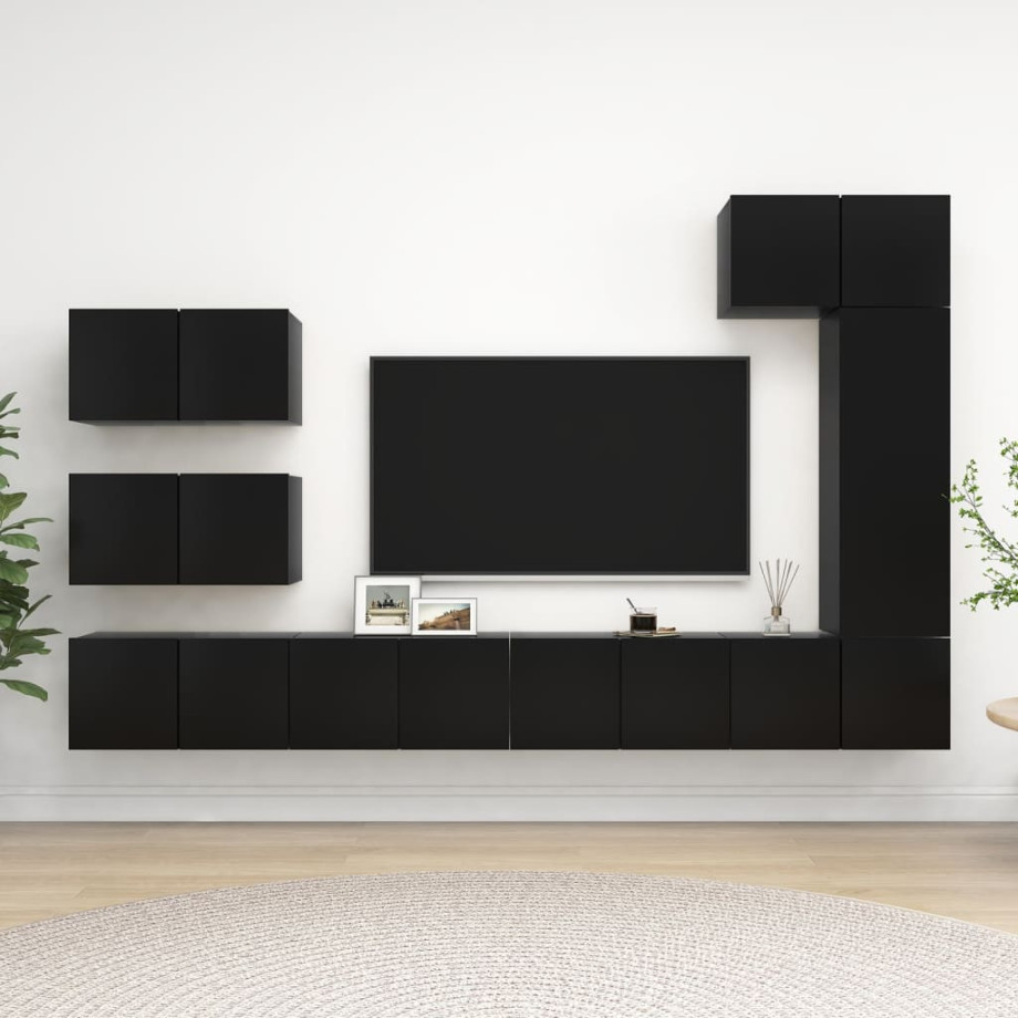 vidaXL 8-delige Tv-meubelset bewerkt hout zwart afbeelding 1