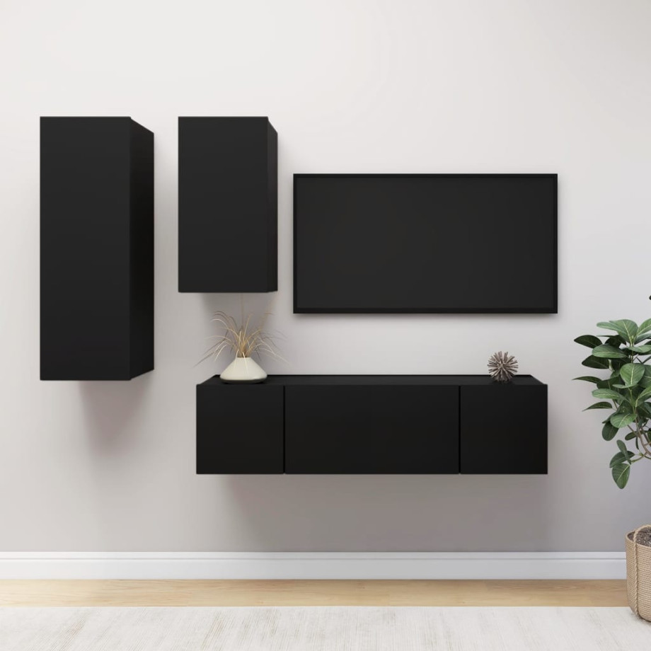 vidaXL 4-delige Tv-meubelset spaanplaat zwart afbeelding 1