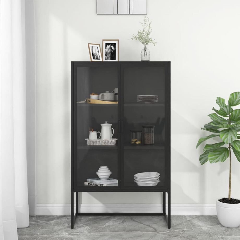vidaXL Hoge kast 80x35x135 cm staal en gehard glas zwart afbeelding 1