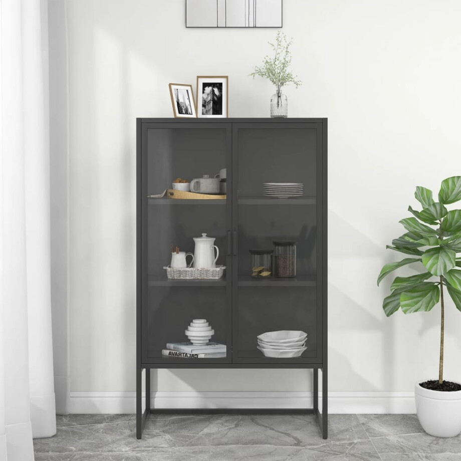 vidaXL Hoge kast 80x35x135 cm staal en gehard glas antracietkleurig vidaXL Hoge kast 80x35x135 cm staal en gehard glas antracietkleurig afbeelding 1