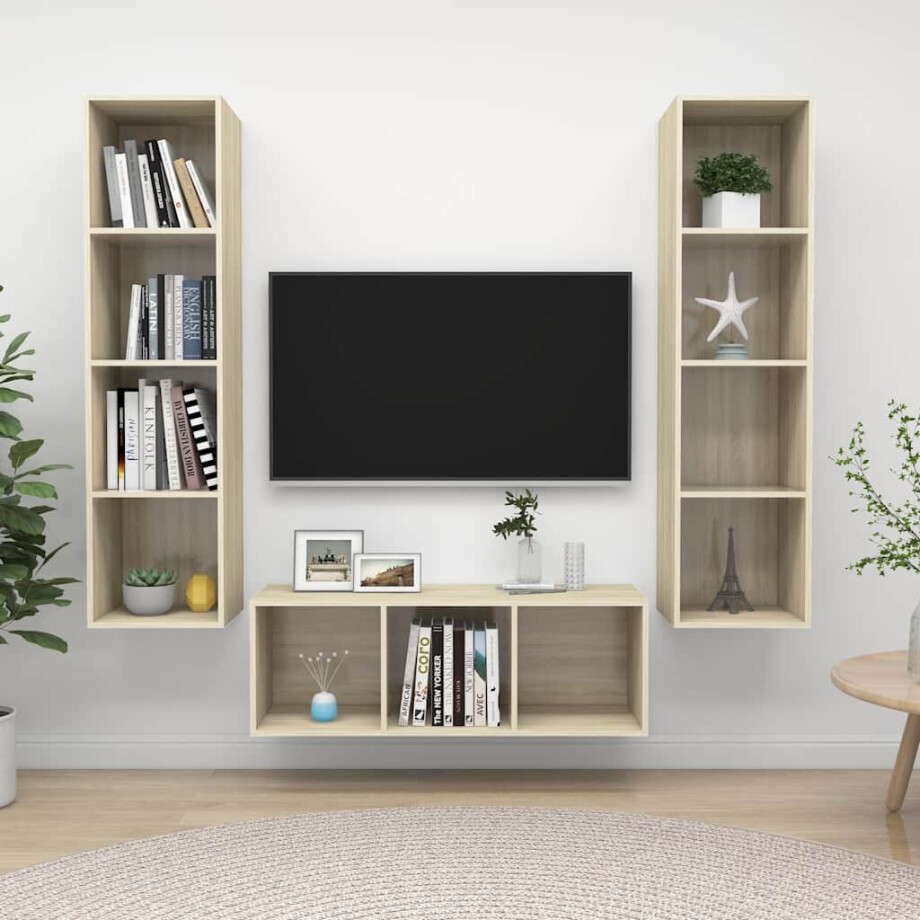 vidaXL 3-delige Tv-meubelset spaanplaat sonoma eikenkleurig afbeelding 1